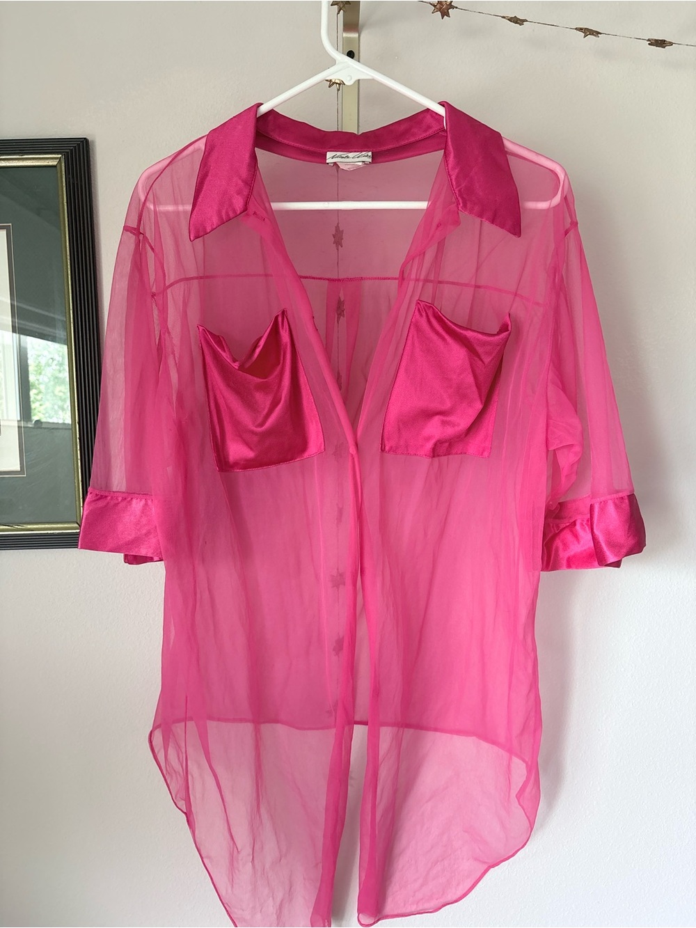 Vintage Nicole Miller Sheer Hot Pink Chiffon Satin Button Down Blouse Medium